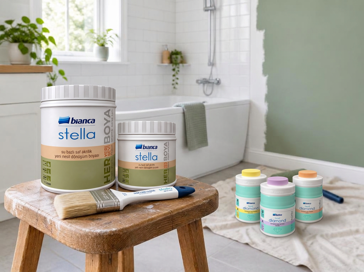 Banyo boyanırken taburede Bianca Stella boya kutuları ve Stella fırça, zeminde Liquid Diamond şişeleri